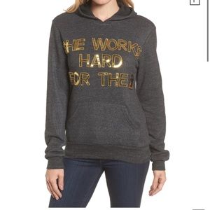 Bow & drape “ she works hard for the money “ charcoal hoodie size Large